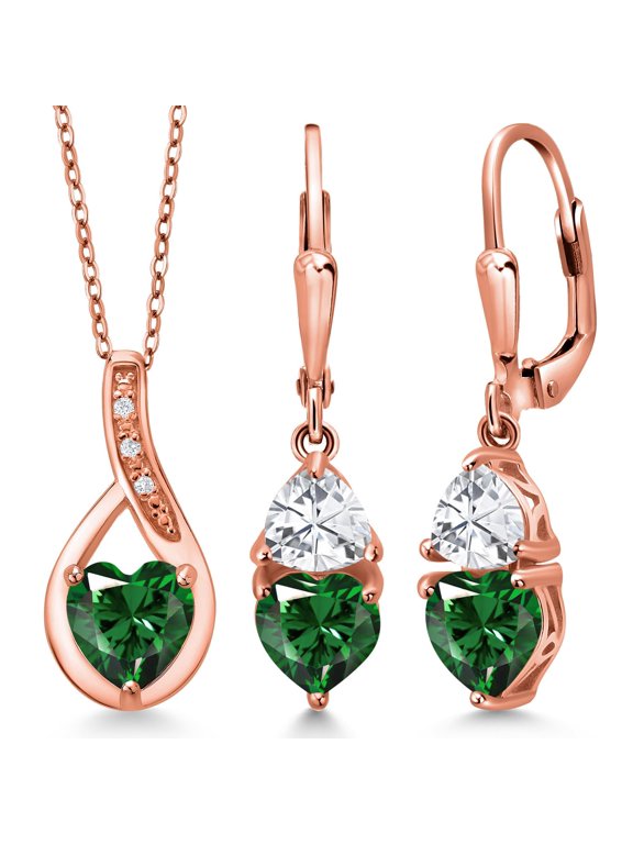 18K Rose Gold Plated Silver Green Nano Emerald Pendant Earrings Set for Women (3.94 Cttw, Gemstone May Birthstone, with 18 inch Chain)