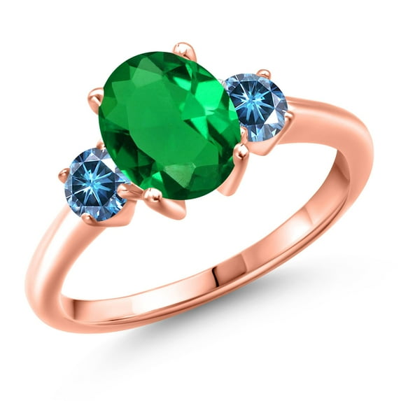 Gem Stone King 18K Rose Gold Plated Silver Green Nano Emerald and Persian Blue Moissanite Engagement Ring for Women | 1.96 Cttw | Oval 9X7MM | Gemstone May Birthstone | Size 7