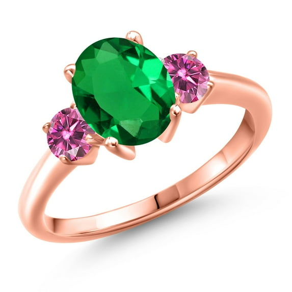 Gem Stone King 18K Rose Gold Plated Silver Green Nano Emerald and Pink Moissanite Engagement Ring for Women | 1.96 Cttw | Oval 9X7MM | Gemstone May Birthstone | Size 7
