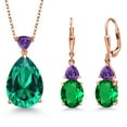 thumbnail image 1 of Gem Stone King 18K Rose Gold Plated Silver Green Nano Emerald and Purple Amethyst Pendant Earrings Jewelry Set for Women (14.45 Cttw, Pear Shape 18X13MM, with 18 inch Chain), 1 of 3