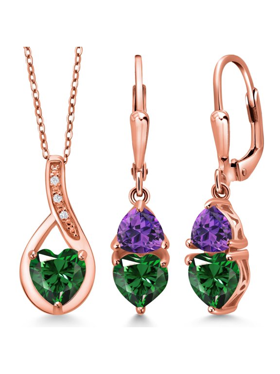18K Rose Gold Plated Silver Green Nano Emerald and Purple Amethyst Pendant Earrings Set for Women (3.20 Cttw, Gemstone May Birthstone, with 18 inch Chain)