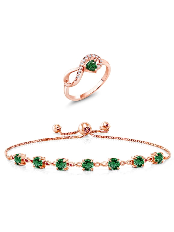 18K Rose Gold Plated Silver Green Nano Emerald Ring and Bracelet Jewelry Set for Women | 3.37 Cttw | Gemstone May Birthstone | Heart Shape 4MM | Round 4.5MM | Size 9