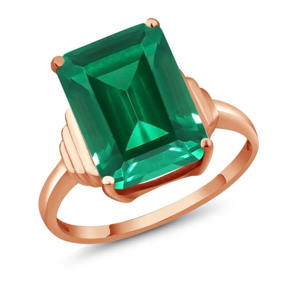 Gem Stone King 18K Rose Gold Plated Silver Green Nano Emerald Ring for Women (6.50 Cttw, Emerald Cut 14X10MM, Gemstone May Birthstone, Available in Size 5, 6, 7, 8, 9)
