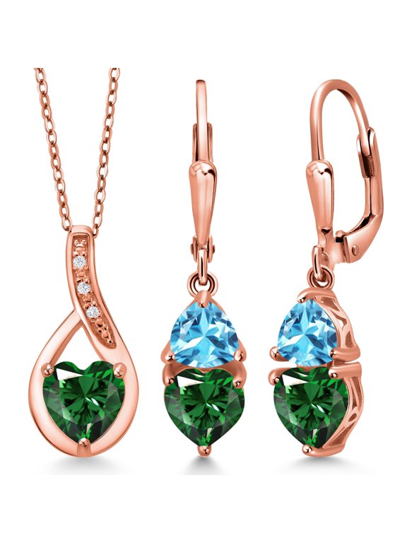 18K Rose Gold Plated Silver Green Nano Emerald and Swiss Blue Topaz Pendant Earrings Set for Women (3.56 Cttw, Gemstone May Birthstone, with 18 inch Chain)