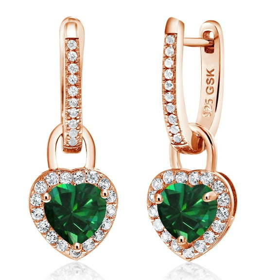 Gem Stone King 18K Rose Gold Plated Silver Green Nano Emerald and White Created Sapphire Dangle Earrings for Women (1.90 Cttw, Gemstone May Birthstone, Heart Shape 6MM)