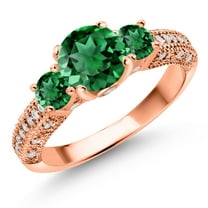 Gem Stone King 18K Rose Gold Plated Silver Green Nano Emerald and White Moissanite Engagement Ring for Women (1.90 Cttw, Gemstone May Birthstone, Round 7MM and 4MM, Size 5)