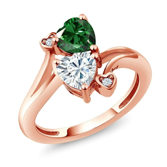 Gem Stone King 18K Rose Gold Plated Silver Green Nano Emerald White Moissanite Ring for Women (1.53 Cttw, Heart Shape 6MM, Gemstone May Birthstone, Size 8)