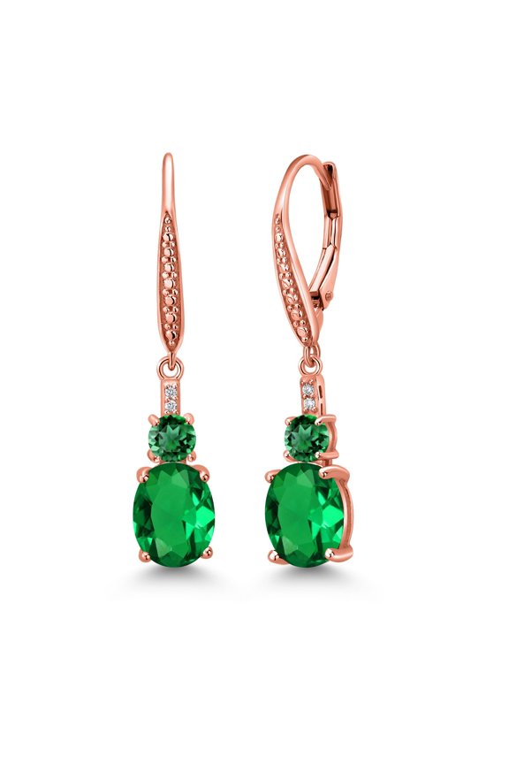 18K Rose Gold Plated Silver Green Nano Emerald and White Lab Grown Diamond Dangle Earrings for Women (3.63 Cttw, Oval 9X7MM)