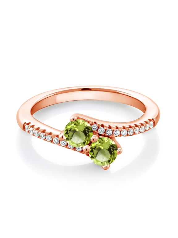 18K Rose Gold Plated Silver Green Peridot Bypass Ring for Women (0.84 Cttw, Gemstone August Birthstone, Round 4MM, Size 5)