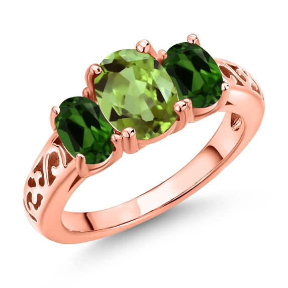 Gem Stone King 18K Rose Gold Plated Silver Green Peridot and Green Chrome Diopside Filigree Style 3 Stone Ring for Women (2.52 Cttw, Oval 8X6MM and 6X4MM) (Size 7)