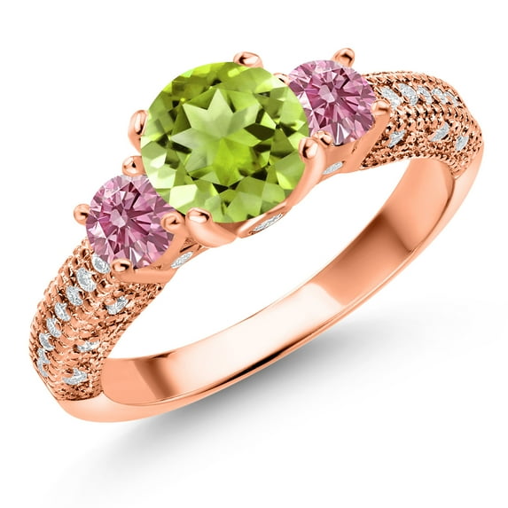 Gem Stone King 18K Rose Gold Plated Silver Green Peridot Pink Lab Grown Diamond and White Moissanite Engagement Ring for Women (2.03 Cttw, Gemstone August Birthstone, Round 7MM and 4MM, Size 5)