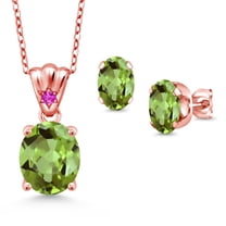 Gem Stone King 18K Rose Gold Plated Silver Green Peridot and Pink Sapphire Pendant and Earrings Jewelry Set for Women (5.89 Cttw, Gemstone Birthstone, Oval 11X9MM and 8X6MM with 18 inch Silver Chain)
