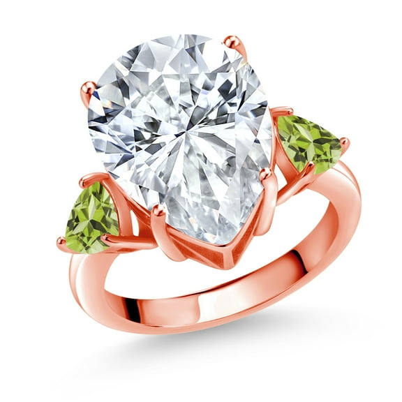 Gem Stone King 18K Rose Gold Plated Silver Green Peridot Ring Set with Moissanite (10.13 Cttw) (Size 7)