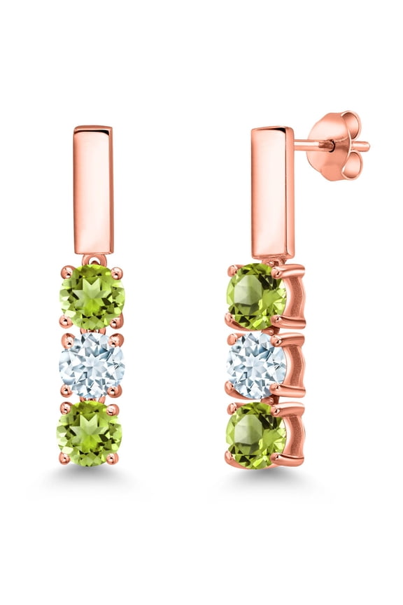18K Rose Gold Plated Silver Green Peridot and Sky Blue Aquamarine Drop Dangle Earrings for Women | 1.60 Cttw | Gemstone August Birthstone | Round 5MM