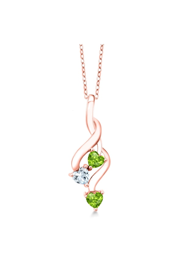 18K Rose Gold Plated Silver Green Peridot and Sky Blue Aquamarine Pendant Necklace for Women (0.85 Cttw, Gemstone August Birthstone, Heart Shape 4MM, with 18 inch Silver Chain)