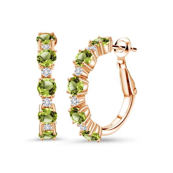 Gem Stone King 18K Rose Gold Plated Silver Green Peridot and White Lab Grown Diamond Hoop Earrings for Women (3.30 Cttw, Round 4MM and 1.9MM, Gemstone Birthstone 1 inch Diameter)