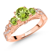 Gem Stone King 18K Rose Gold Plated Silver Green Peridot and White Moissanite Engagement Ring for Women (1.51 Cttw, Gemstone August Birthstone, Round 6MM and 3MM, Size 5)