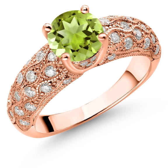 Gem Stone King 18K Rose Gold Plated Silver Green Peridot and White Moissanite Engagement Ring for Women (1.79 Cttw, Round 7MM, Gemstone August Birthstone, Size 5)