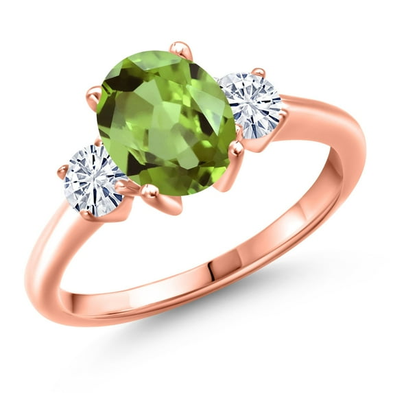 Gem Stone King 18K Rose Gold Plated Silver Green Peridot and White Moissanite Engagement Ring for Women | 2.56 Cttw | Oval 9X7MM | Gemstone August Birthstone | Size 7