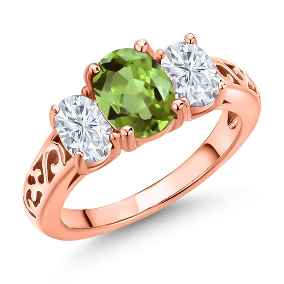 Gem Stone King 18K Rose Gold Plated Silver Green Peridot and White Moissanite Filigree Style 3 Stone Ring for Women (2.42 Cttw, Oval 8X6MM and 6X4MM) (Size 8)