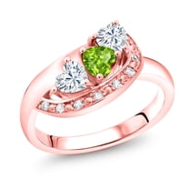 Gem Stone King 18K Rose Gold Plated Silver Green Peridot and White Moissanite and White Created Sapphire Engagement Ring for Women (0.82 Cttw, Gemstone August Birthstone, Heart Shape 4MM, Size 8)