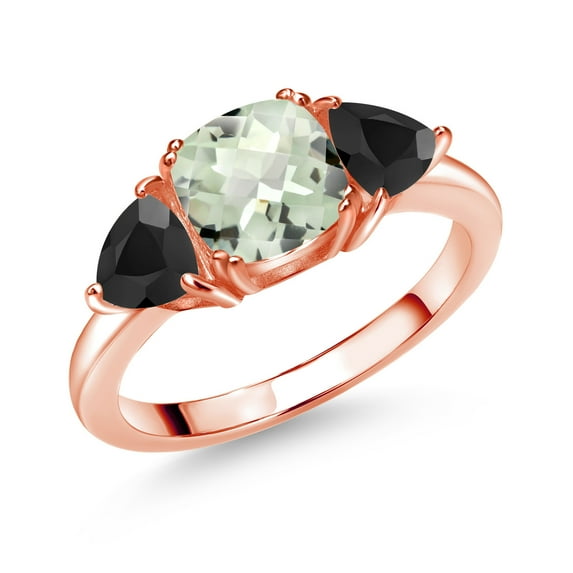 Gem Stone King 18K Rose Gold Plated Silver Green Prasiolite and Black Onyx 3 Stone Engagement Ring for Women (2.12 Cttw, Gemstone Birthstone, Available in Size 5, 6, 7, 8, 9)