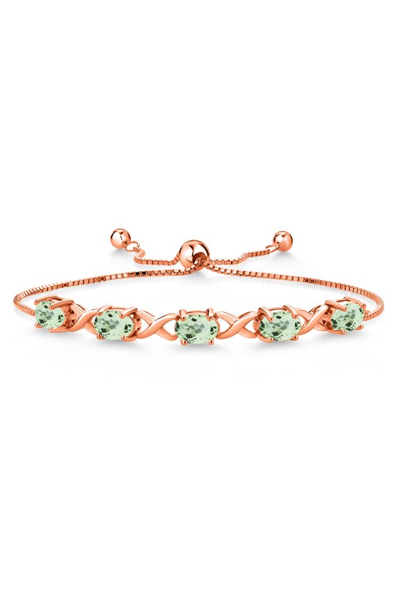 18K Rose Gold Plated Silver Green Prasiolite Bracelet for Women (3.75 Cttw, Gemstone, Oval 7X5MM, Fully Adjustable up to 9 inches)