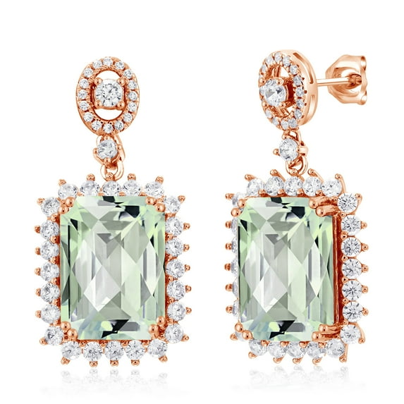 Gem Stone King 18K Rose Gold Plated Silver Green Prasiolite Dangle Earrings for Women (13.80 Cttw, Gemstone Birthstone, Octagon Checkerboard 14X10MM)