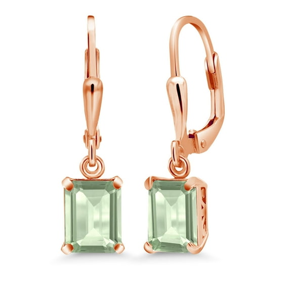 Gem Stone King 18K Rose Gold Plated Silver Green Prasiolite Dangle Earrings for Women (3.00 Cttw, Gemstone, Emerald Cut 8X6MM)