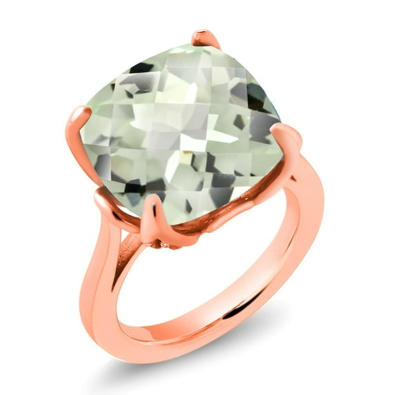 Gem Stone King 18K Rose Gold Plated Silver Green Prasiolite Engagement Ring for Women | 9.72 Cttw | 14MM Cushion Checkerboard | Wedding Engagement Anniversary Promise Ring for Women