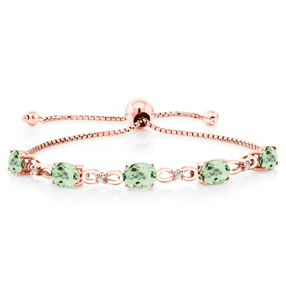 Gem Stone King 18K Rose Gold Plated Silver Green Prasiolite and White Lab Grown Diamond Tennis Bracelet for Women (3.77 Cttw, Gemstone Birthstone, Oval 7x5MM, Fully Adjustable up to 9 inch)