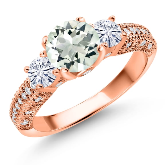 Gem Stone King 18K Rose Gold Plated Silver Green Prasiolite and White Moissanite Engagement Ring for Women (1.64 Cttw, Gemstone, Round 7MM and 4MM, Size 8)