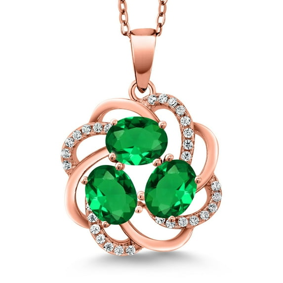 Gem Stone King 18K Rose Gold Plated Silver Green Simulated Emerald 3-Stone Pendant Necklace for Women (1.55 Cttw, Oval 6X4MM, with 18 inch Chain)