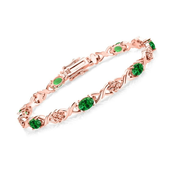 Gem Stone King 18K Rose Gold Plated Silver Green Simulated Emerald Tennis Bracelet for Women (2.45 Cttw, Gemstone Birthstone, Oval 6X4MM, 7 inch)