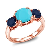 Gem Stone King 18K Rose Gold Plated Silver Green Turquoise and Blue Sapphire 3 Stone Engagement Ring for Women (3.20 Cttw, Gemstone, Cushion 8MM, Size 7)