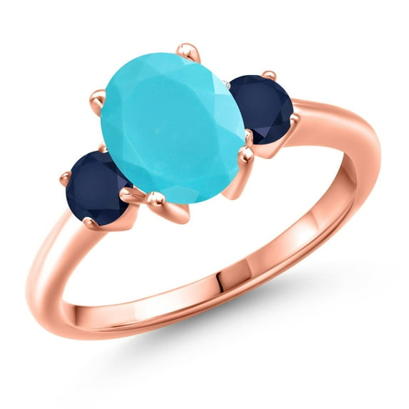 Gem Stone King 18K Rose Gold Plated Silver Green Turquoise and Blue Sapphire Engagement Ring for Women | 2.20 Cttw | Oval 9X7MM | Gemstone Birthstone | Size 9