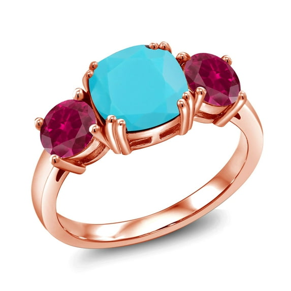 Gem Stone King 18K Rose Gold Plated Silver Green Turquoise and Red Created Ruby 3 Stone Engagement Ring for Women (4.00 Cttw, Gemstone, Cushion 8MM, Size 9)