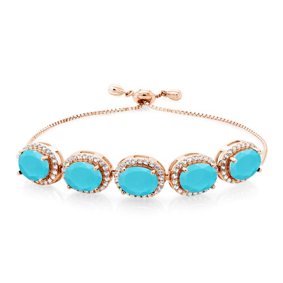 Gem Stone King 18K Rose Gold Plated Silver Green Turquoise Tennis Bracelet for Women (8.55 Cttw, Oval 9X7MM, Gemstone Birthstone, Fully Adjustable up to 9 inch)
