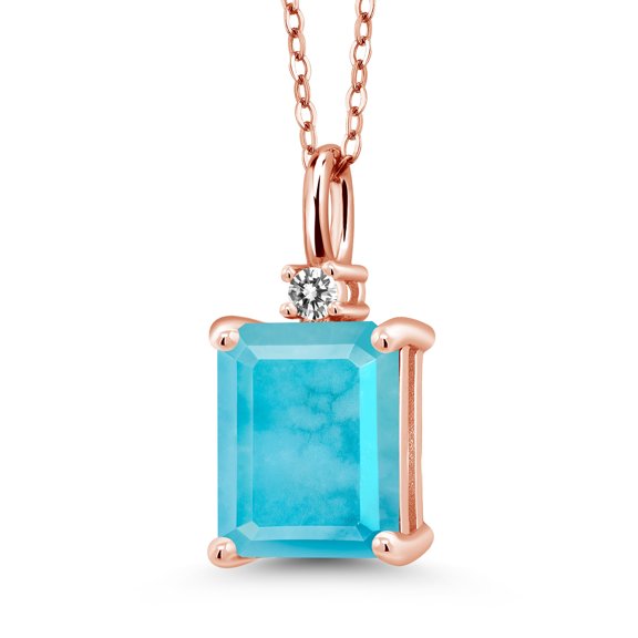Gem Stone King 18K Rose Gold Plated Silver Green Turquoise and White Diamond Pendant Necklace for Women (2.33 Cttw, Gemstone Birthstone, Emerald Cut 10X8MM with 18 inch Silver Chain)