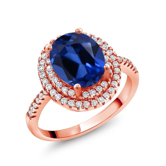 Gem Stone King 18K Rose Gold Plated Silver Halo Engagement Ring Created Sapphire Moissanite (2.73 Cttw)
