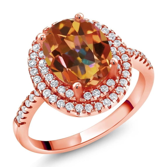 Gem Stone King 18K Rose Gold Plated Silver Halo Engagement Ring Mystic Topaz Moissanite (2.43 Cttw)
