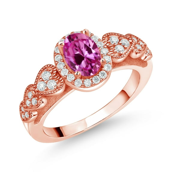 Gem Stone King 18K Rose Gold Plated Silver Pink Created Sapphire and White Moissanite Engagement Ring for Women | 1.08 Cttw | Oval 7X5MM | Gemstone September Birthstone | Size 6