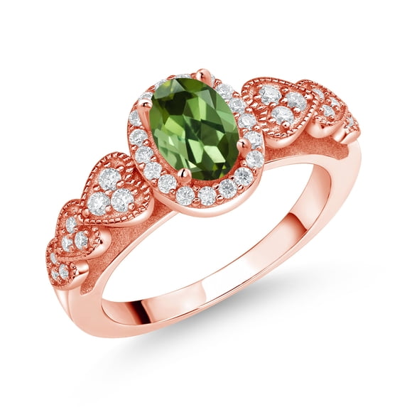 Gem Stone King 18K Rose Gold Plated Silver Green Tourmaline and White Moissanite Engagement Ring for Women | 0.88 Cttw | Oval 7X5MM | Gemstone October Birthstone | Size 9