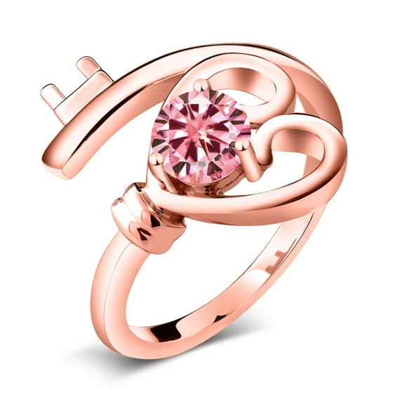 Gem Stone King 18K Rose Gold Plated Silver Heart Key Ring Pink Round Moissanite 0.50cttw (Size 6)