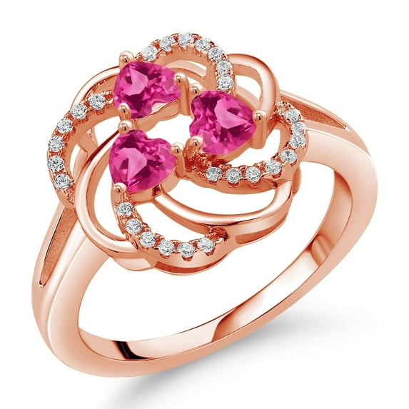 Gem Stone King 18K Rose Gold Plated Silver Heart Pink Created Sapphire 3-Stone Ring for Women (1.82 Cttw, Heart Shape 4MM, Gemstone September Birthstone, Size 6)