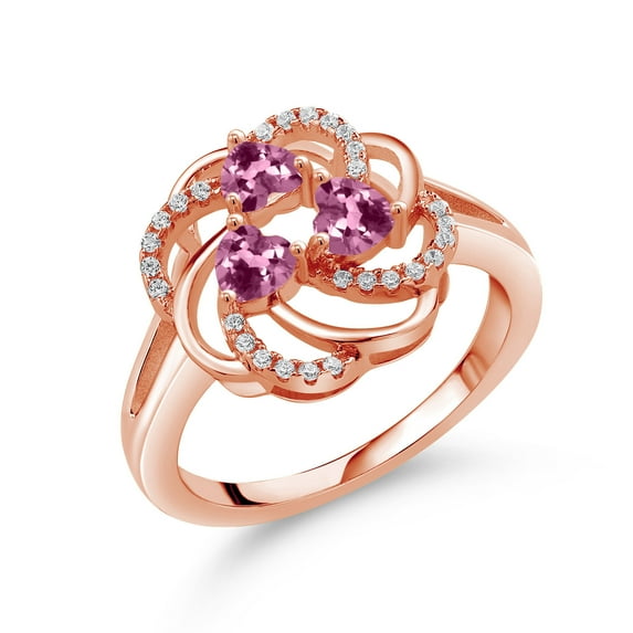 Gem Stone King 18K Rose Gold Plated Silver Heart Pink Tourmaline 3-Stone Ring for Women (1.01 Cttw, Heart Shape 4MM, Gemstone October Birthstone, Size 5)