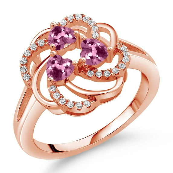 Gem Stone King 18K Rose Gold Plated Silver Heart Pink Tourmaline 3-Stone Ring for Women (1.01 Cttw, Heart Shape 4MM, Gemstone October Birthstone, Size 6)