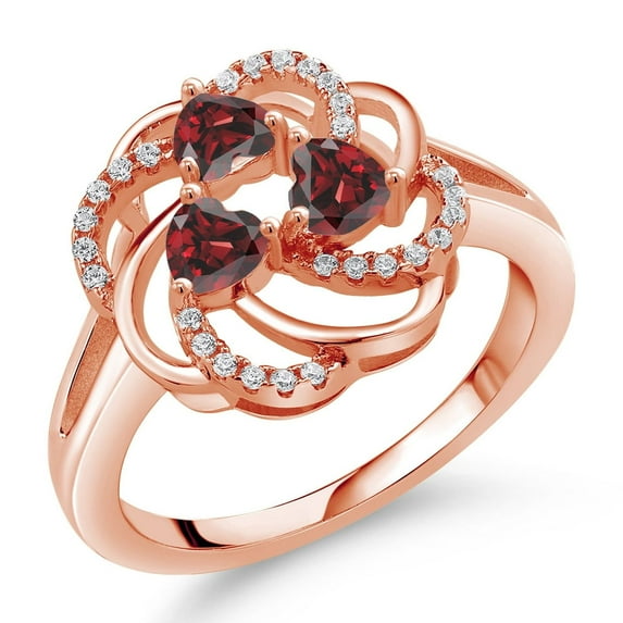 Gem Stone King 18K Rose Gold Plated Silver Heart Red Garnet 3-Stone Ring for Women (1.31 Cttw, Heart Shape 4MM, Gemstone January Birthstone, Size 6)