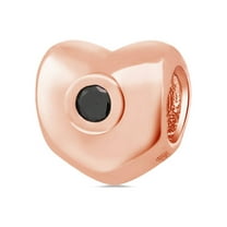Gem Stone King 18K Rose Gold Plated Silver Heart Shape Bead Charm for Bracelet or Necklace with Black Accent Diamond
