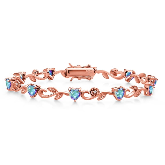 Gem Stone King 18K Rose Gold Plated Silver Heart Shape Mercury Mist Mystic Topaz and White Lab Grown Diamond Greek Vine Flower Tennis Bracelet for Women (5.64 Cttw, 7.5 inch)
